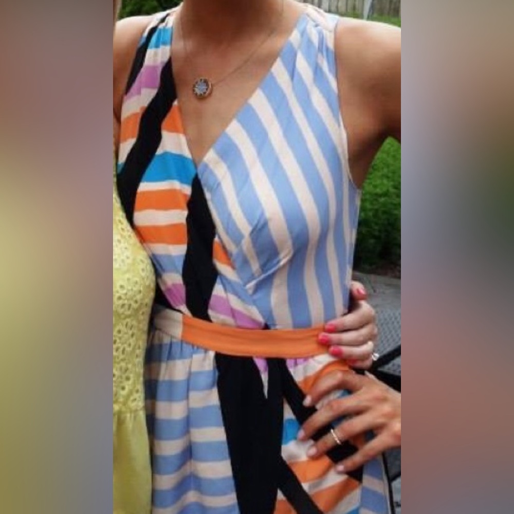 100% silk dress, colorful abstract patterned hi-lo